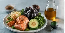 Plate of salmon, avocado, olives, and greens.