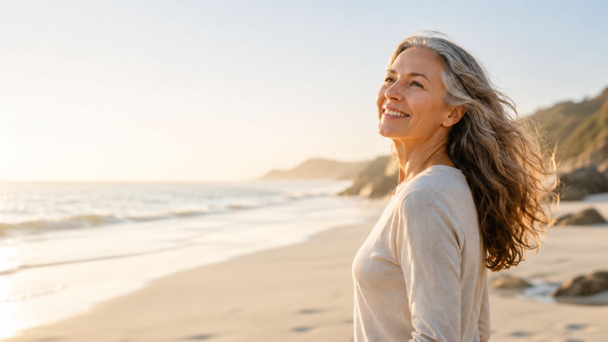 Woman smiling on a beach at sunset.